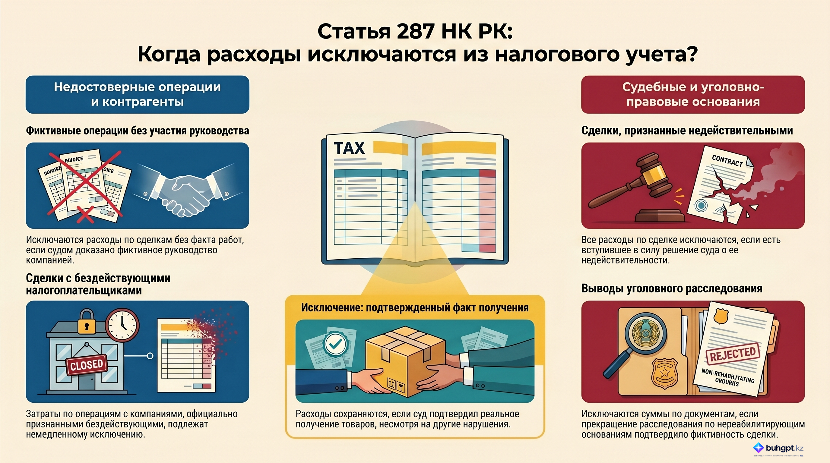 Инфографика — Статья 287 НК РК 2026 — Затраты (расходы), подлежащие исключению из затрат (расходов), учтенных в целях налогообложения