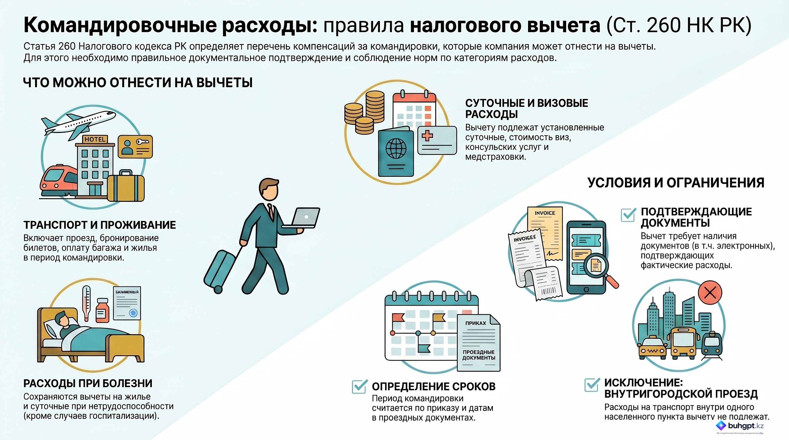 Инфографика — Статья 260 НК РК 2026 — Вычет сумм компенсаций при командировках