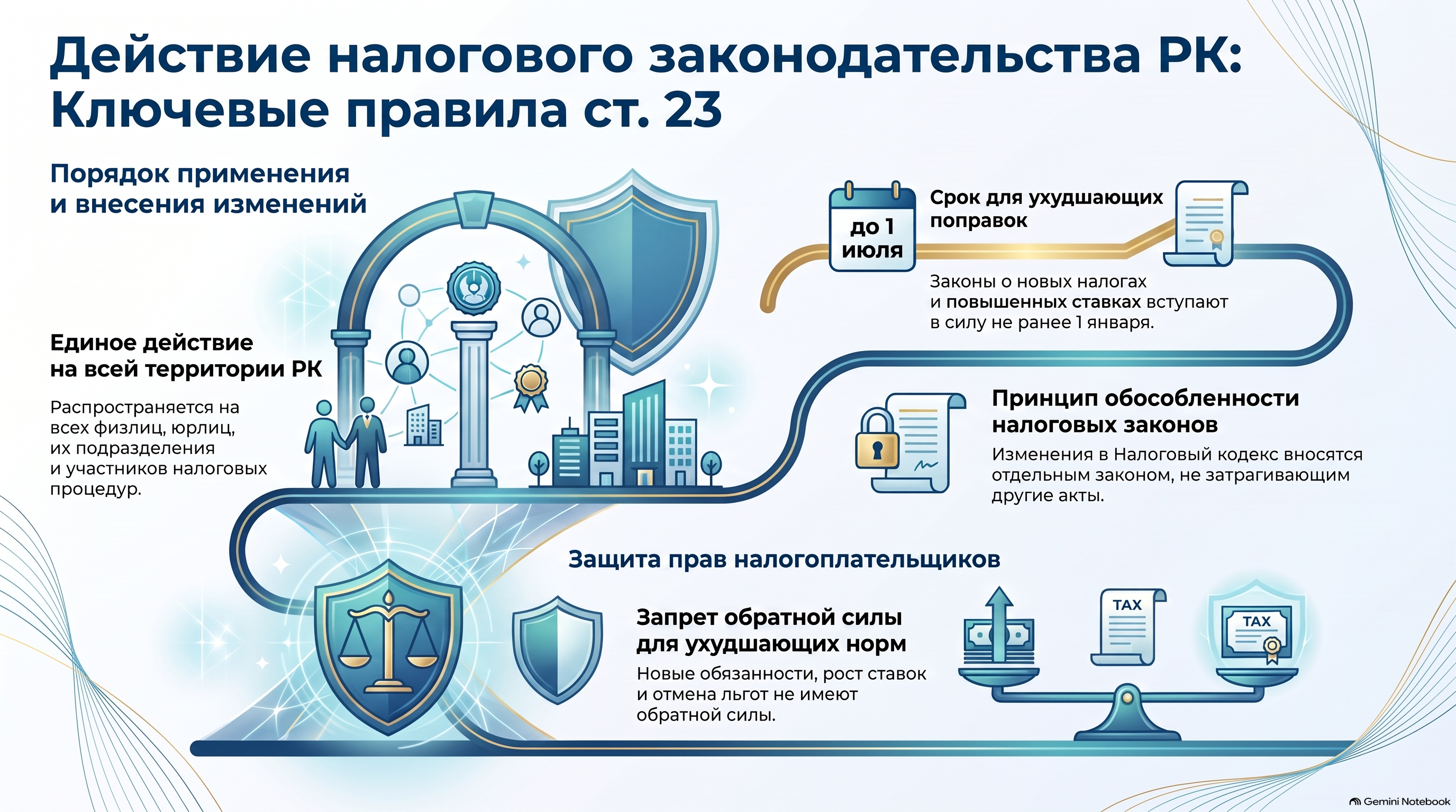 Инфографика — Статья 23 НК РК 2026 — Действие налогового законодательства Республики Казахстан