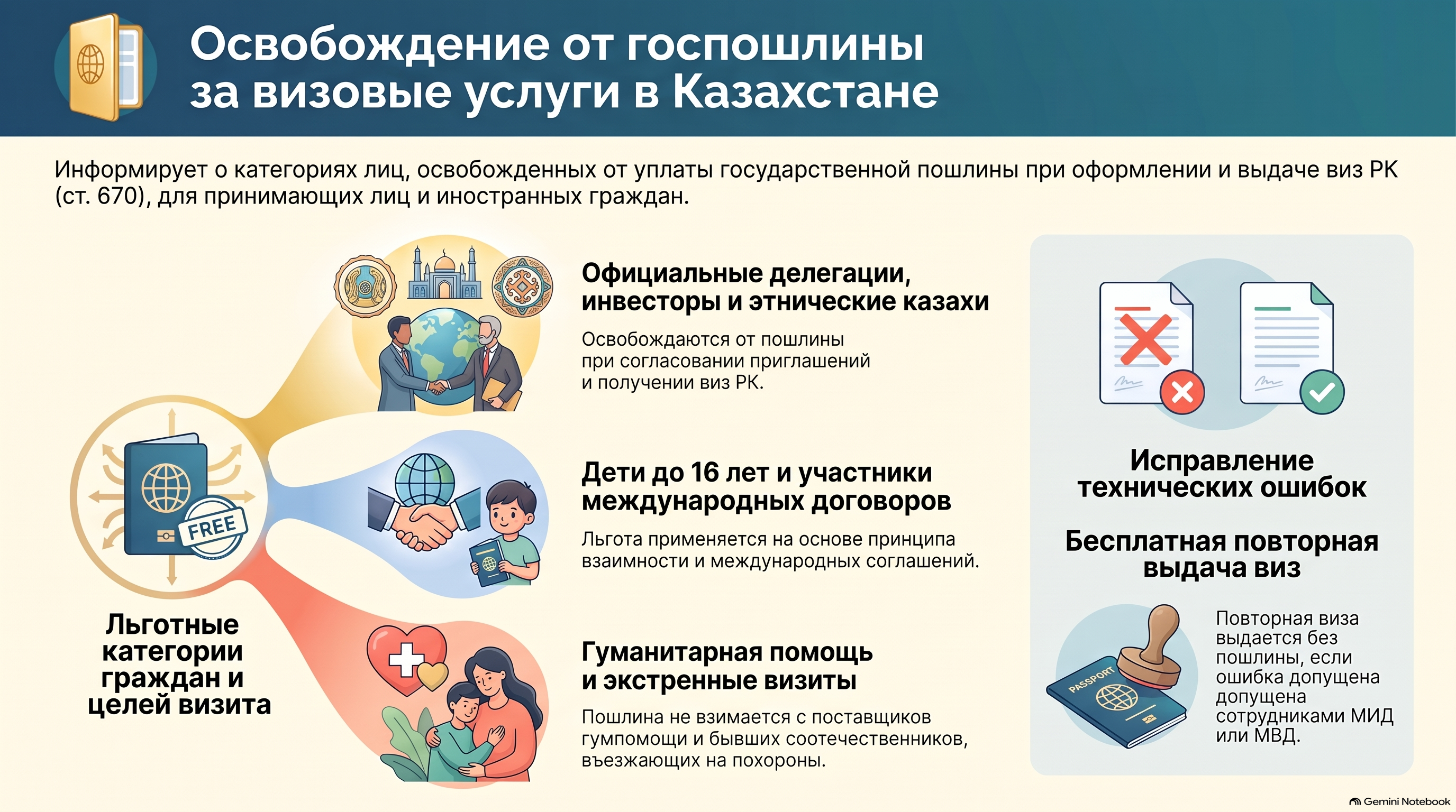 Инфографика — Статья 670 НК РК 2026 — Освобождение от уплаты государственной пошлины при согласовании приглашений принимающих лиц по выдаче виз Республики Казахстан, а также при выдаче, восстановлении или продлении виз Республики Казахстан