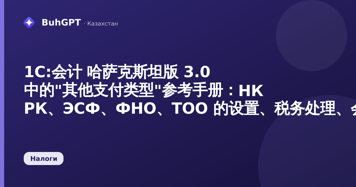 1С:会计 哈萨克斯坦版 3.0 中的"其他支付类型"参考手册：НК РК、ЭСФ、ФНО、ТОО 的设置、税务处理、会计分录及示例